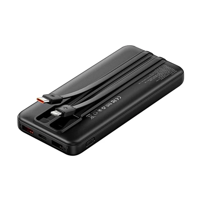 10000mAh Power Bank (Micro-USB + USB-C + USB-A + USB-A) w/ Built-in USB-C & Lightning Cables 22.5W Black LED Display - FHOB0