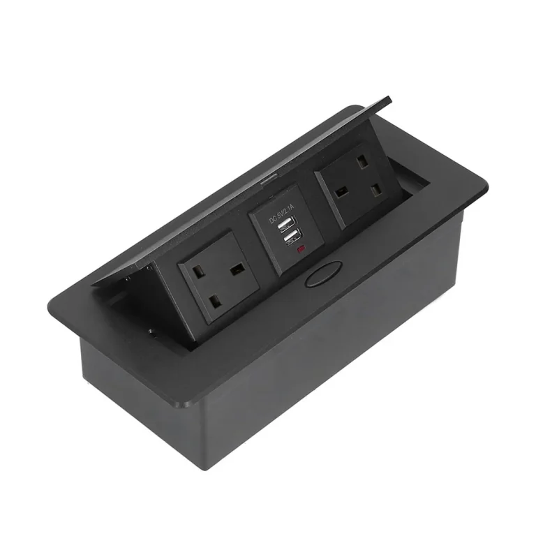 Black flip-up socket with 2 universal sockets, 1 Internet port (CAT6), 1 VGA, 1 HDMI, 1 USB, 1 Audio 3.5mm, without cables, made of Aluminum Alloy + Iron. - Nexa Multifunction Flip-up Socket (Black)