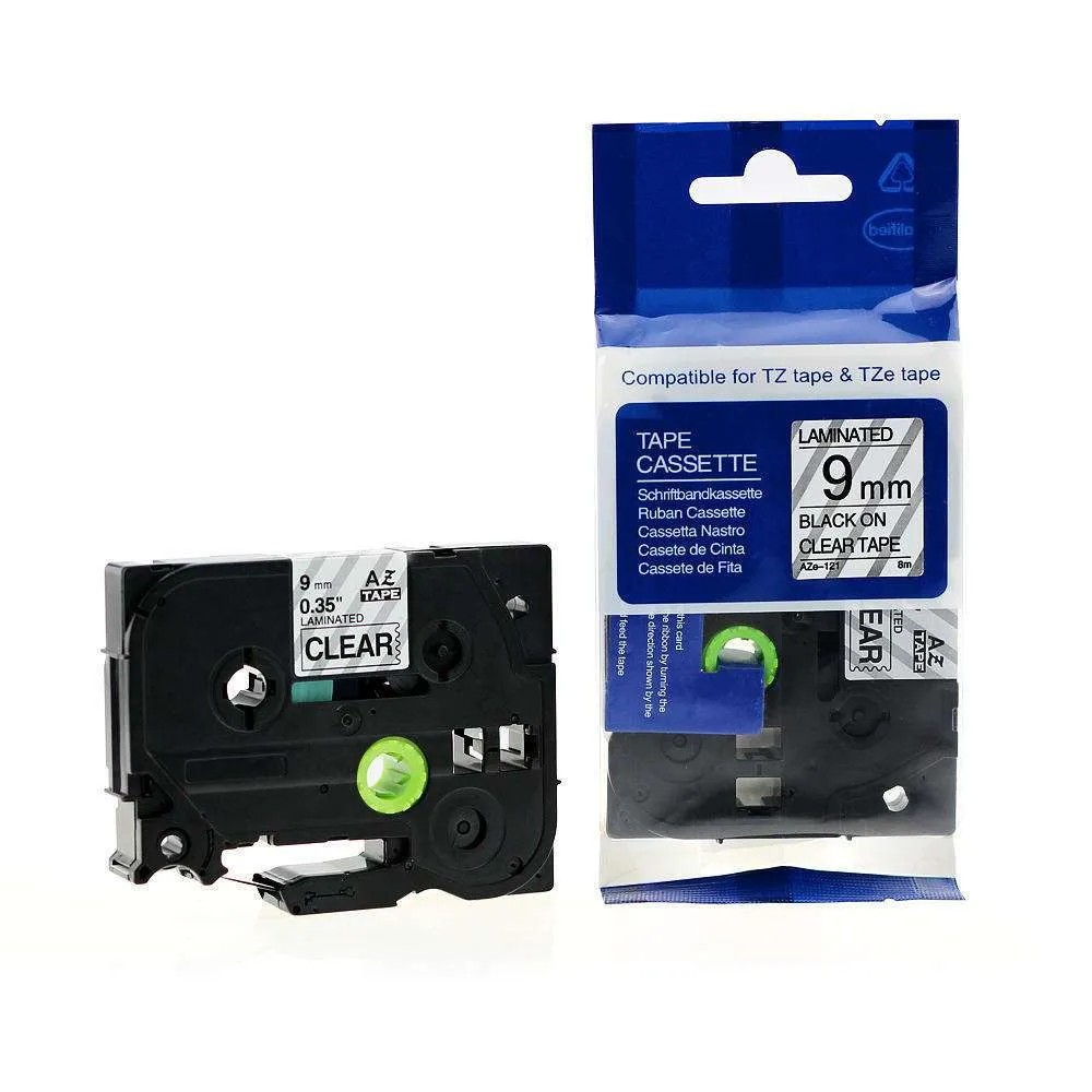 Brother laminated 9mm TZC-s121 black on clear Label Cartridge Compatible