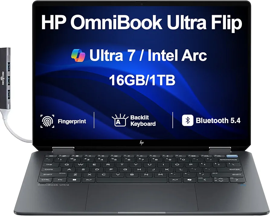 HP OmniBook Ultra Flip 14-fh0033dx, Intel Core Ultra 9 288V, 32GB LPDDR5x 8533 (onboard), 2TB PCIe Gen4 NVMe Performance M.2 SSD, Intel Arc Graphics, Windows 11 Home, 14" 3K OLED 120Hz Touch Screen - AW5Z6UA