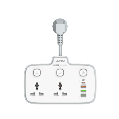 LDNIO 2 Universal Outlets Wall Power Socket 2500W With 1PD, 1 QC3.0 and 2 Auto-ID USB with individual switch - SC2413
