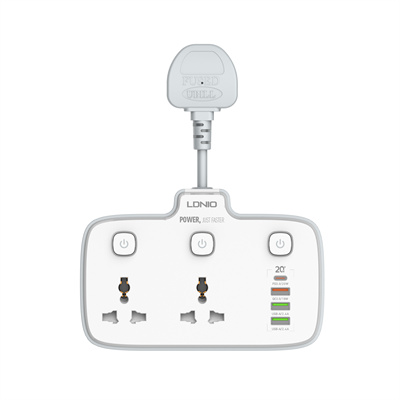 LDNIO 2 Universal Outlets Wall Power Socket 2500W With 1PD, 1 QC3.0 and 2 Auto-ID USB with individual switch - SC2413