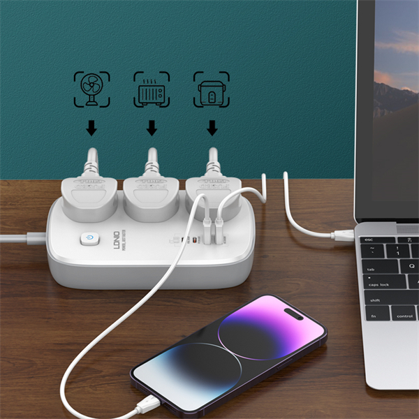 LDNIO Universal Socket with 3 AC Outlets, Single Switch Control Extension with 4 USB 3250W Power Strip with 2M Cable (SC3416)