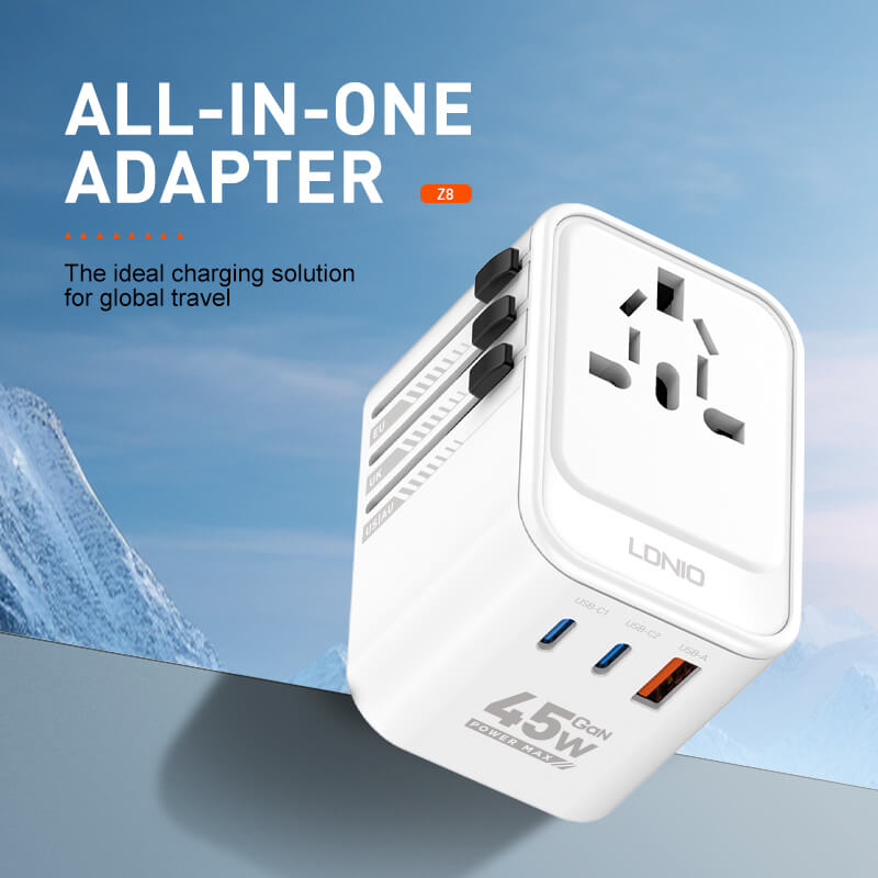 LDNIO Worldplug All in One Travel Charger, 3 USB Ports,45W GaN Travel Multi Plug Adapter with Type C Charging(Z8)