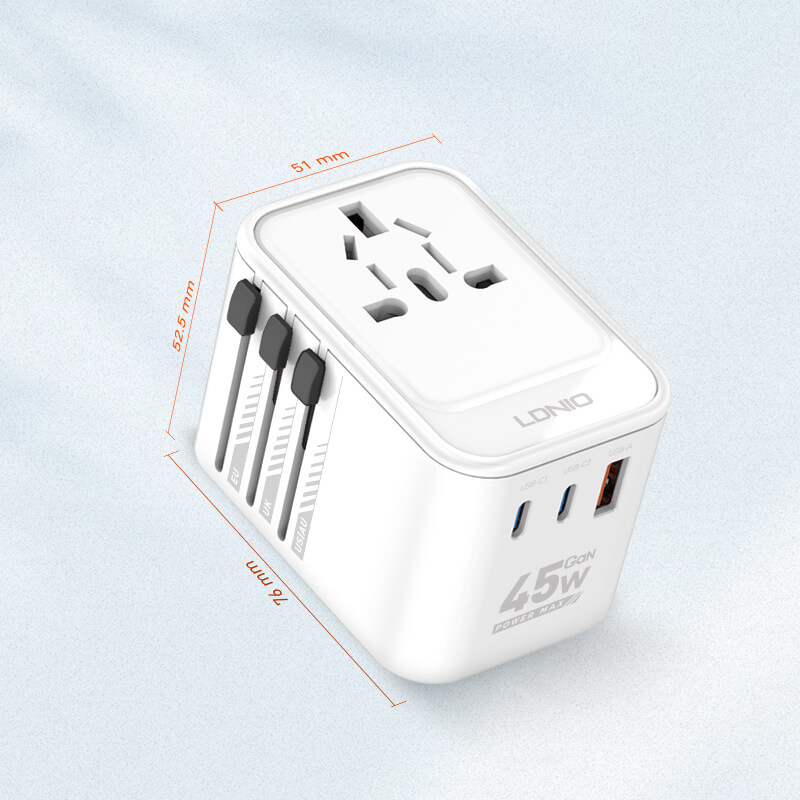 LDNIO Worldplug All in One Travel Charger, 3 USB Ports,45W GaN Travel Multi Plug Adapter with Type C Charging(Z8)