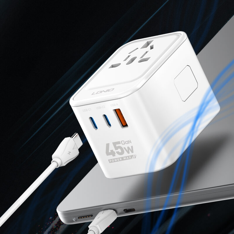 LDNIO Worldplug All in One Travel Charger, 3 USB Ports,45W GaN Travel Multi Plug Adapter with Type C Charging(Z8)