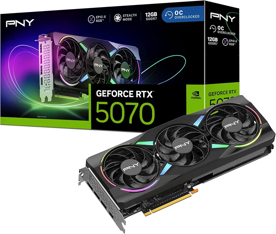 PNY GeForce RTX 5070 ARGB EPIC-X RGB OC Triple Fan 12GB GDDR7 Graphics Card Display Outputs 3 x DisplayPort 2.1b 1 x HDMI 2.1b Recommended Power Supply 650W Power Input 16-Pin - VCG507012TFXXPB1-O