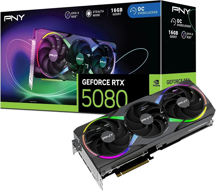 PNY GeForce RTX 5080 ARGB EPIC-X RGB OC Triple Fan 16GB GDDR7 Graphics Card Display Outputs 3 x DisplayPort 2.1b 1 x HDMI 2.1b Recommended Power Supply 850W Power Input 16-Pin - VCG508016TFXXPB1-O
