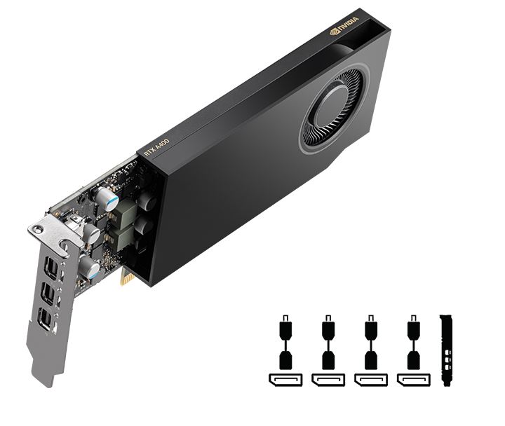 PNY RTX A400 4GB GDDR6 Graphics Card, Display Outputs: 4 x Mini DisplayPort 1.4a, Recommended Power Supply: 250W - VCNRTXA400-SB