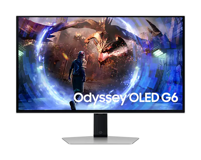 Samsung G60SD 27" QHD OLED Gaming Monitor, 2560x1440, 16:9, 360Hz, Height/Tilt/Swivel/Pivot Adjustable, Silver Color Connectivity: 1 DisplayPort 1.4, 2 HDMI 2.1, 1 Headphone, 2 USB-A - LS27DG602SMXUE
