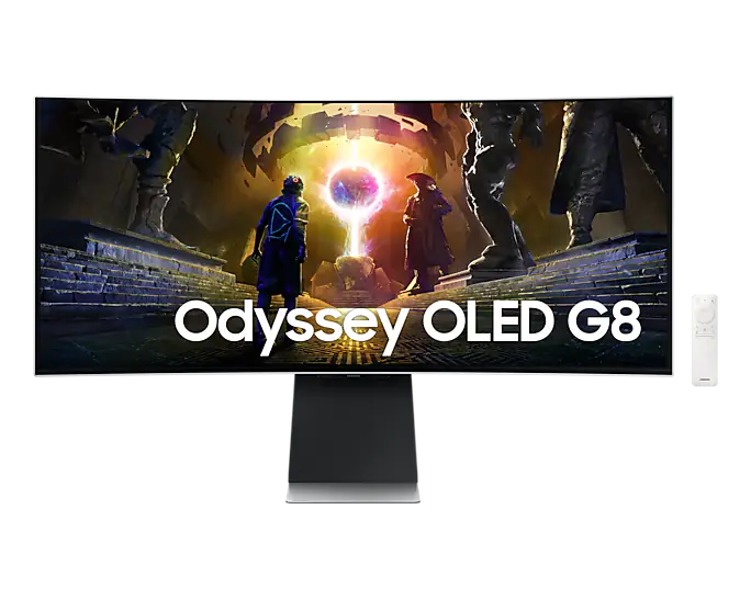 Samsung G85SD 34" UWQHD OLED Curved Smart Gaming Monitor, 3440x1440, 21:9, 175Hz, Curvature: 1800R, Tizen OS, Wireless, Bluetooth, Speaker, Height/Tilt/Pivot Adjustable, Silver Color Connectivity: Wireless Display, 1 DisplayPort 1.4, 2 HDMI 2.1, 2 USB - LS34DG852SMXUE