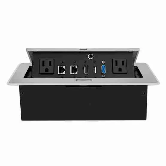 Silver pop-up multifunction socket with 2 universal sockets, 1 VGA, 1 HDMI, 1 USB, 1 Audio 3.5mm, 1 Type-C 2.0 (Data transmission), 2 Internet ports (CAT6), all with 30cm cables, made of Zinc Alloy + Iron. - Nexa Silver Pop-up Multifunction Socket with Ca