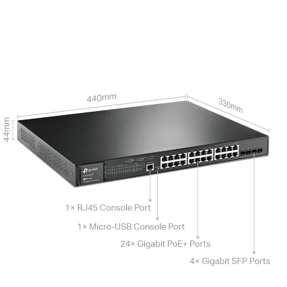 TP-Link Omada JetStream 28-Port Gigabit L2+ Managed Switch with 24 PoE+ Ports and 4 Gigabit SFP Slots - TL-SG3428MP