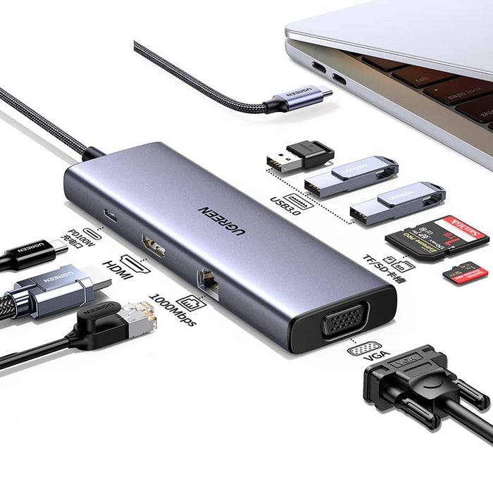 UGREEN 9-in-1 USB-C Multifunction Adapter - CM498 USB-C to USB 3.0 (3 Ports) + 4K HDMI + VGA + RJ45 Gigabit Ethernet + SD & TF Card Reader + USB-C PD - UG-15600