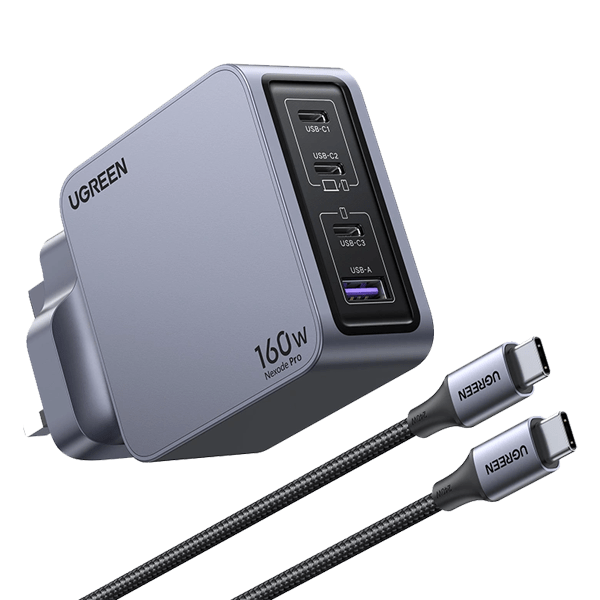 UGREEN Nexode Pro 160W 4-Port GaN Fast Charger UK Grey+1.5M 240W Cable - X763 - UG-25878