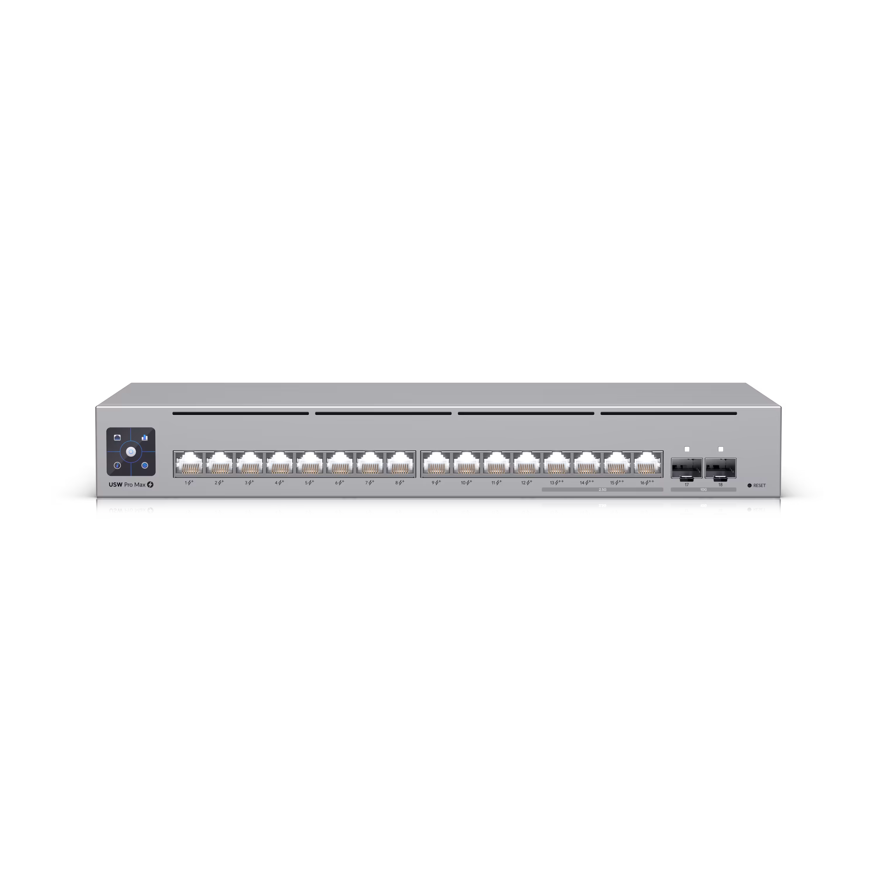 USW-Pro-Max-16-PoE A 16-port, Layer 3 Etherlighting™ switch with 2.5 GbE, PoE++ output, and versatile mounting options. - USW-Pro-Max-16-PoE 
