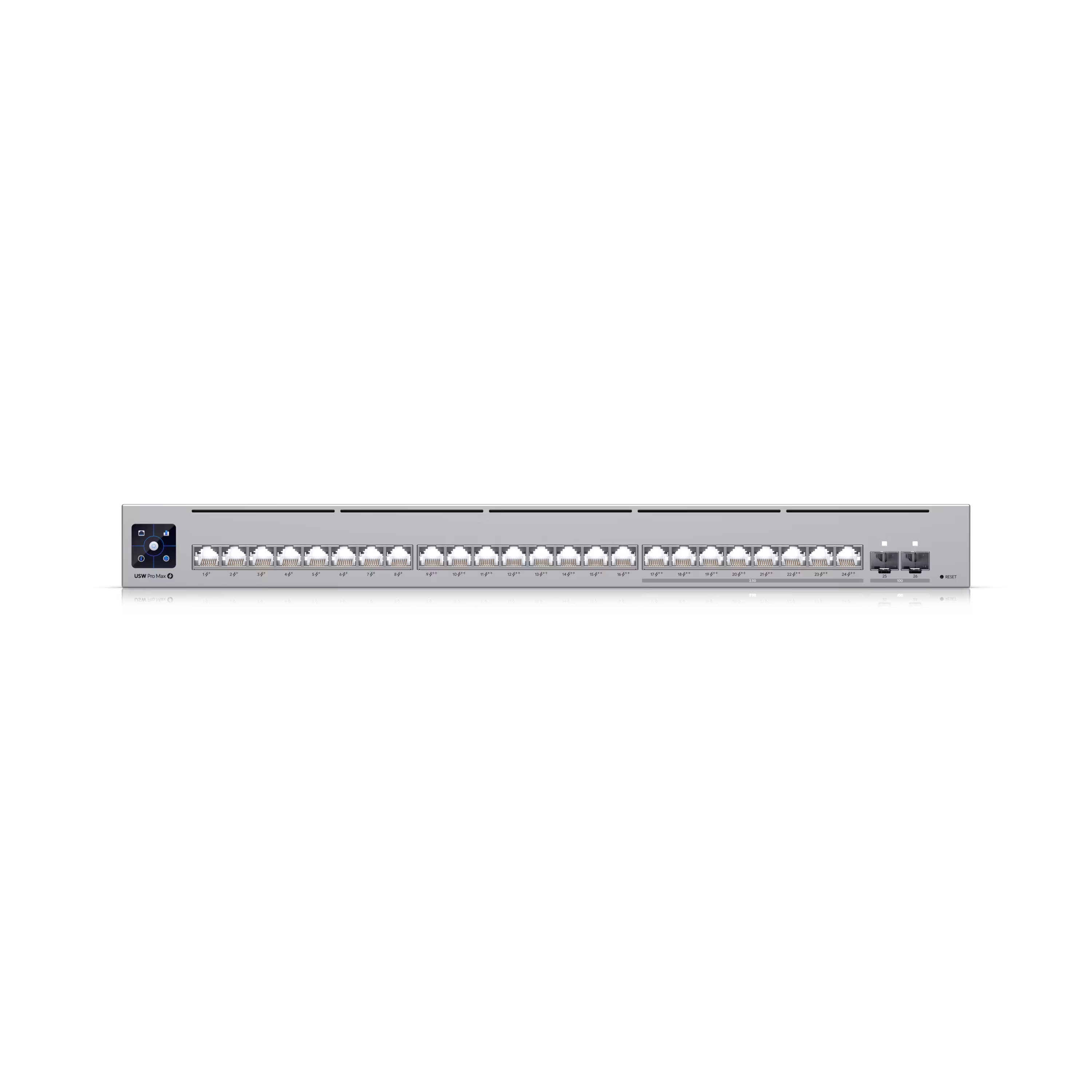 Ubiquiti USW-Pro-Max-24-PoE (400W) A 24-port, Layer 3 Etherlighting™ switch capable of high-power PoE++ output. (8) 2.5 GbE PoE++ ports, (16) GbE ports including (8) PoE+ and (8) PoE++, (2) 10G SFP+ ports, 400W total PoE availability - USW-Pro-Max-24-PoE 
